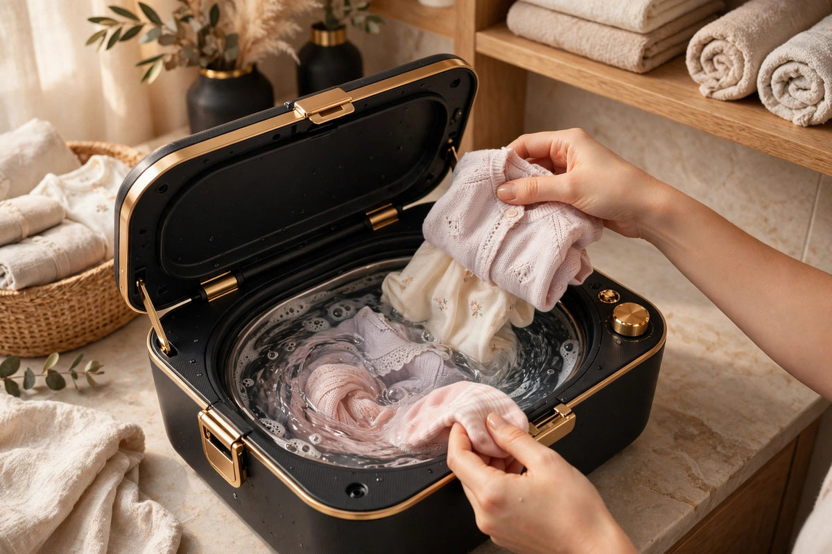 Mains de femme déposant des vêtements de bébé délicats dans le mini lave-linge pliable noir et doré