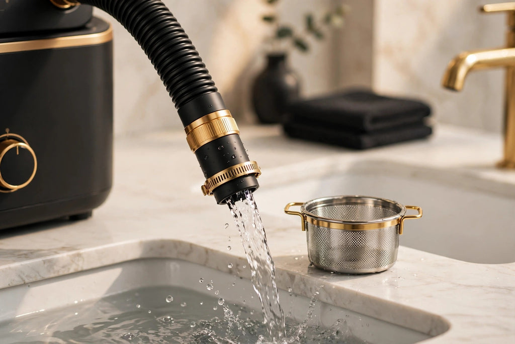 Tuyau de drainage du mini lave-linge pliable se vidant dans un évier, panier d'essorage à côté