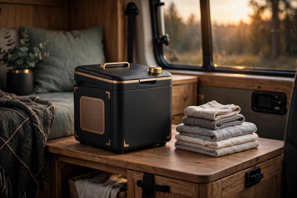 Mini lave-linge pliable installé dans un camping-car douillet, petites pièces propres pliées à côté