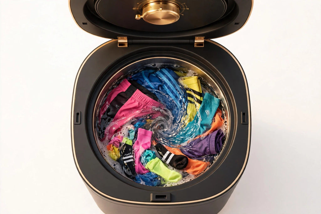 Vue du dessus du mini lave-linge pliable : eau en rotation douce lavant chaussettes et linge de sport