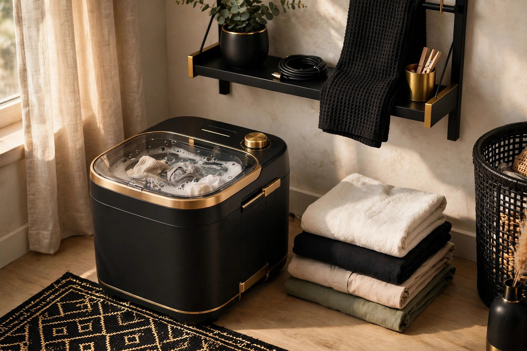 Mini lave-linge pliable dans une chambre d'étudiante, pile de linge propre plié à côté
