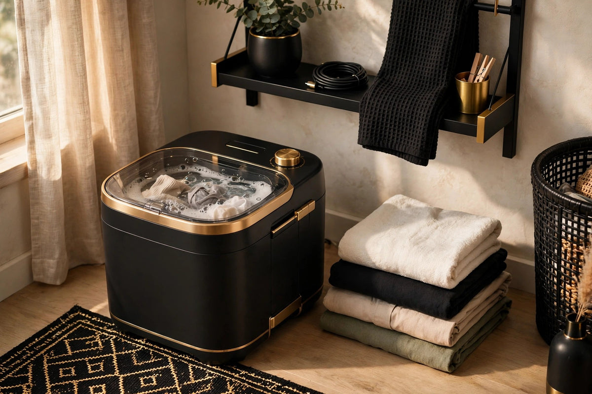 Mini lave-linge pliable dans une chambre d'étudiante, pile de linge propre plié à côté