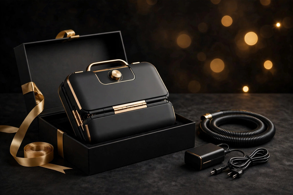 Mini lave-linge pliable présenté dans un coffret cadeau noir avec ruban doré, accessoires à côté