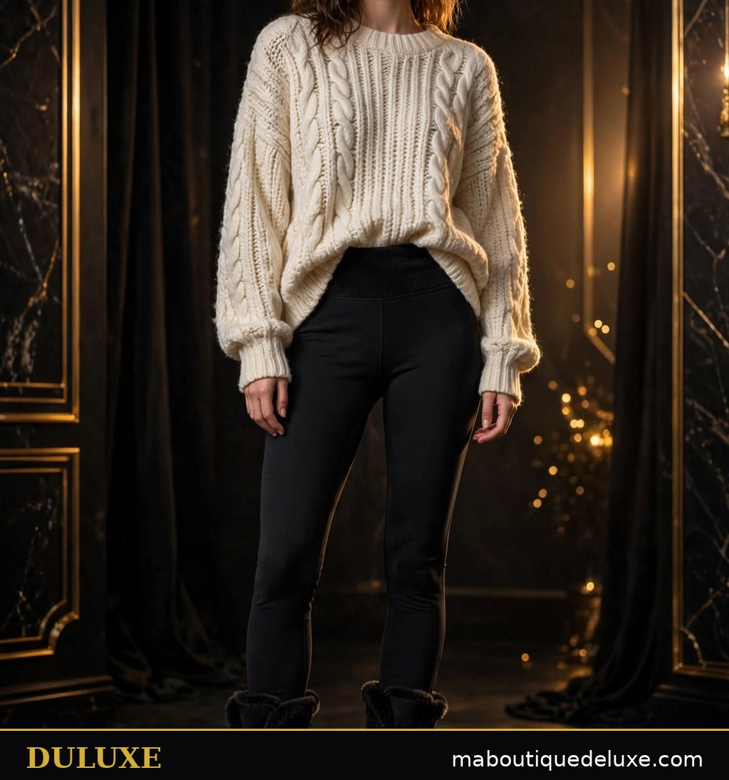 Leggings doublés polaire DULUXE noirs portés avec un pull crème, présentation premium sur fond sombre