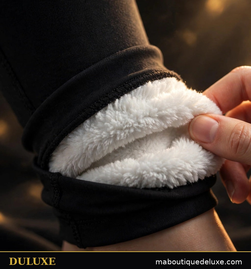 Gros plan sur la doublure polaire douce des leggings doublés DULUXE retournés à la cheville