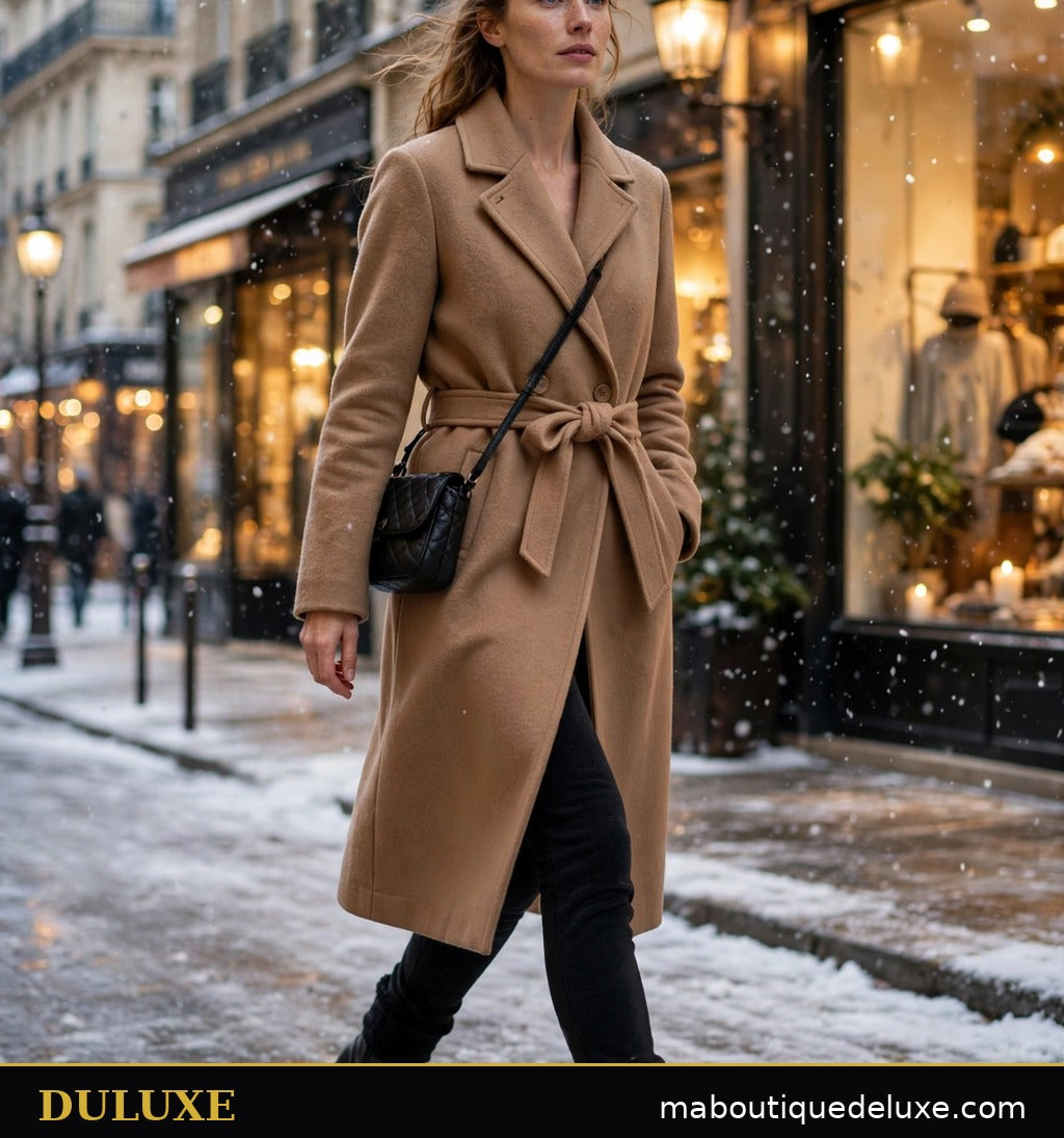 Femme en leggings doublés polaire DULUXE et manteau long marchant dans une rue enneigée élégante