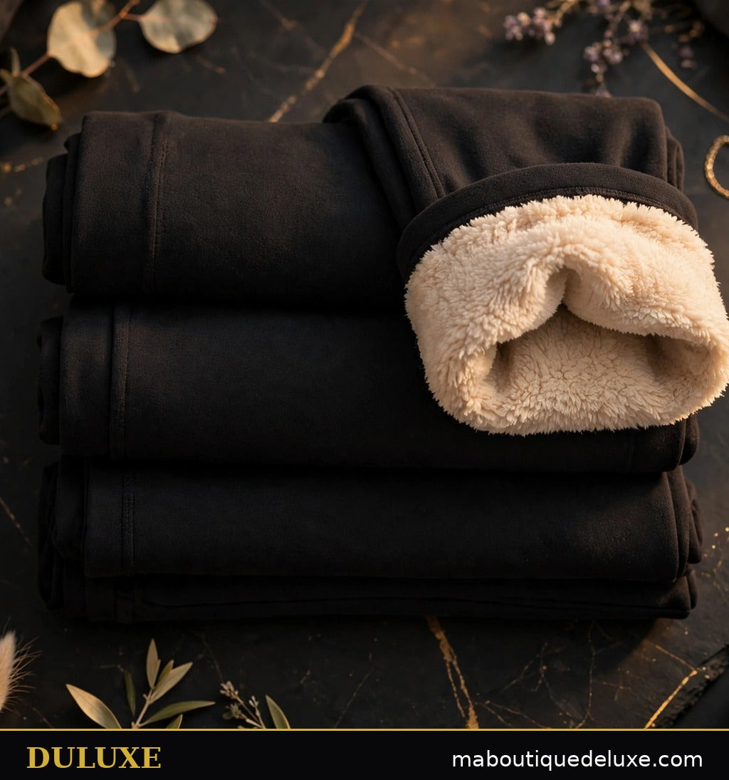 Leggings doublés polaire DULUXE pliés avec soin, doublure polaire visible, présentation boutique premium