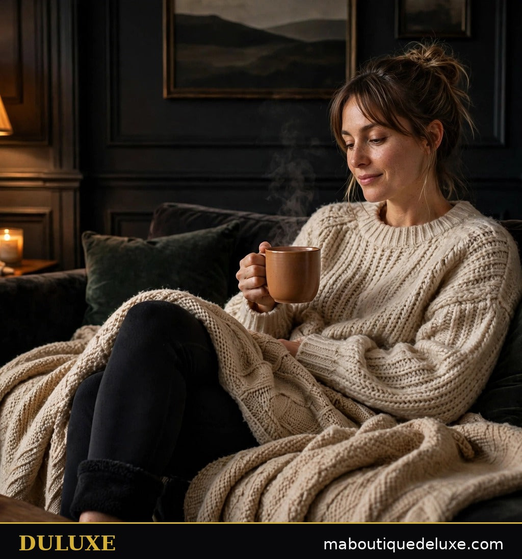 Femme détendue à la maison en leggings doublés polaire DULUXE avec une boisson chaude