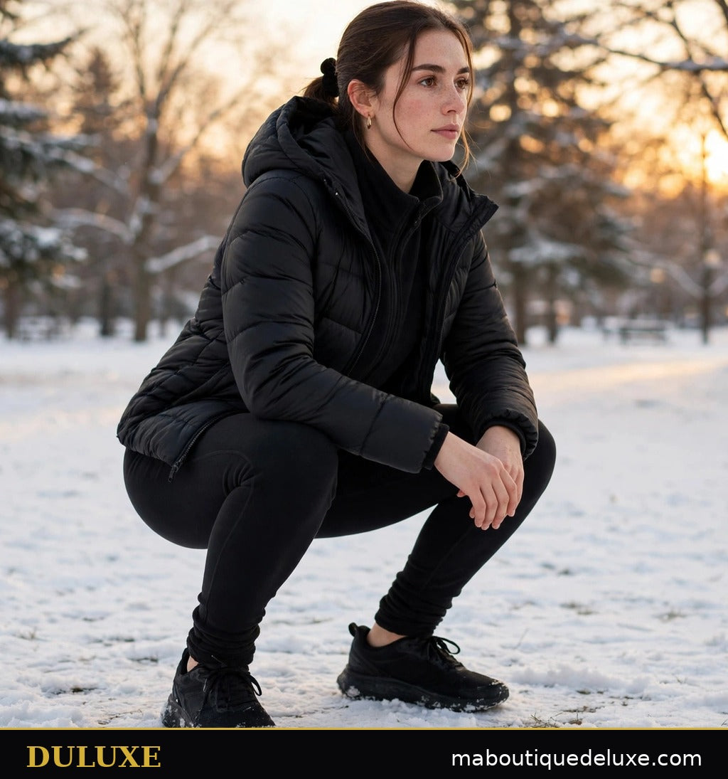 Leggings doublés polaire DULUXE en flexion profonde dans la neige, tissu opaque et extensible