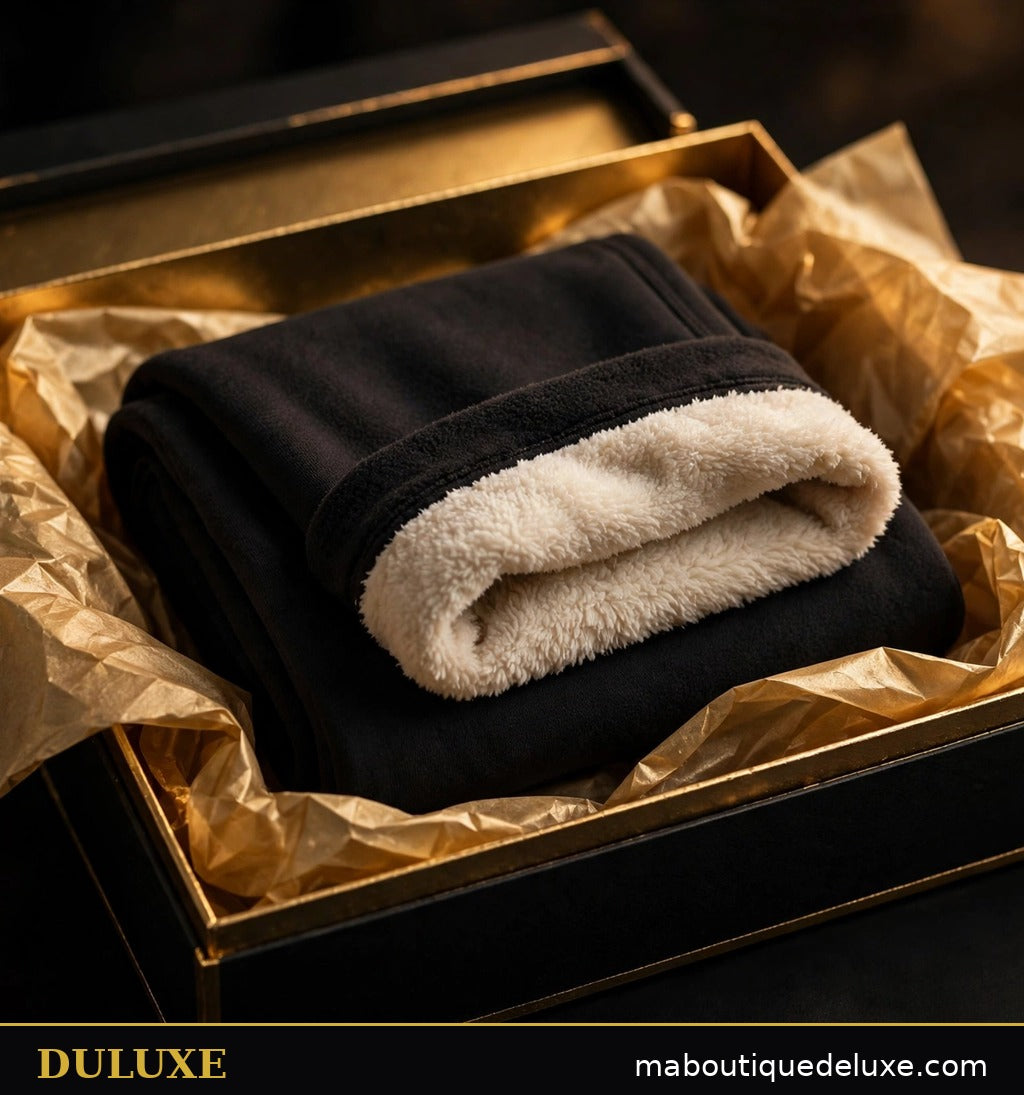 Coffret DULUXE noir et doré avec un legging doublé polaire plié, présentation cadeau premium