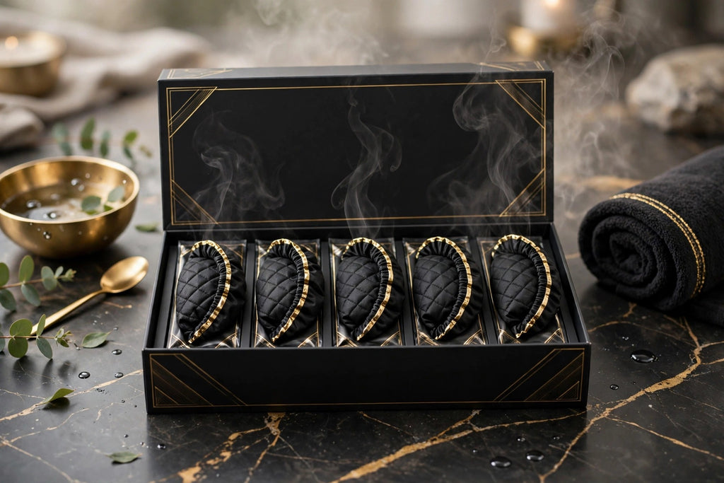 Boîte DULUXE noir et doré de 5 masques capillaires vapeur sur marbre sombre, présentation premium