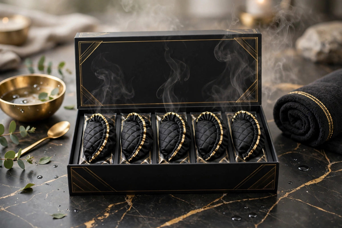 Boîte DULUXE noir et doré de 5 masques capillaires vapeur sur marbre sombre, présentation premium