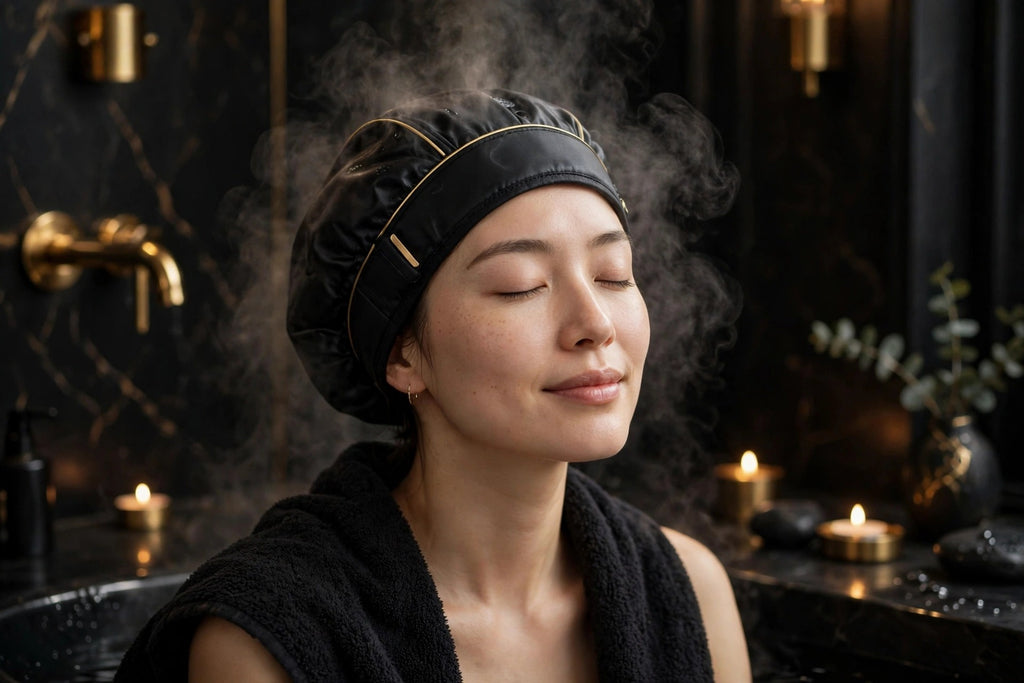 Femme détendue portant un bonnet masque capillaire vapeur auto-chauffant DULUXE dans une ambiance spa