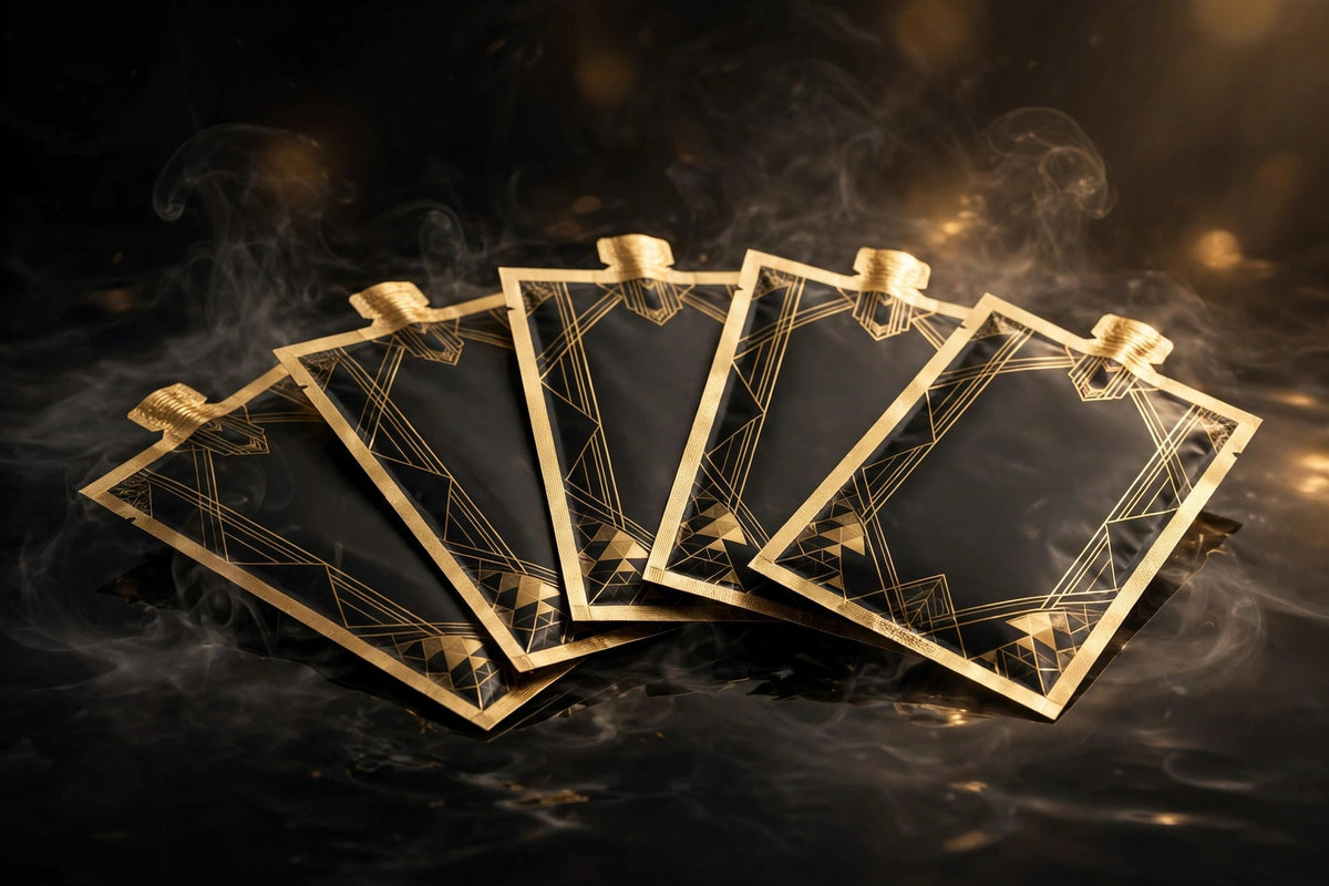 Cinq sachets individuels de masque capillaire vapeur DULUXE noir et doré présentés en éventail