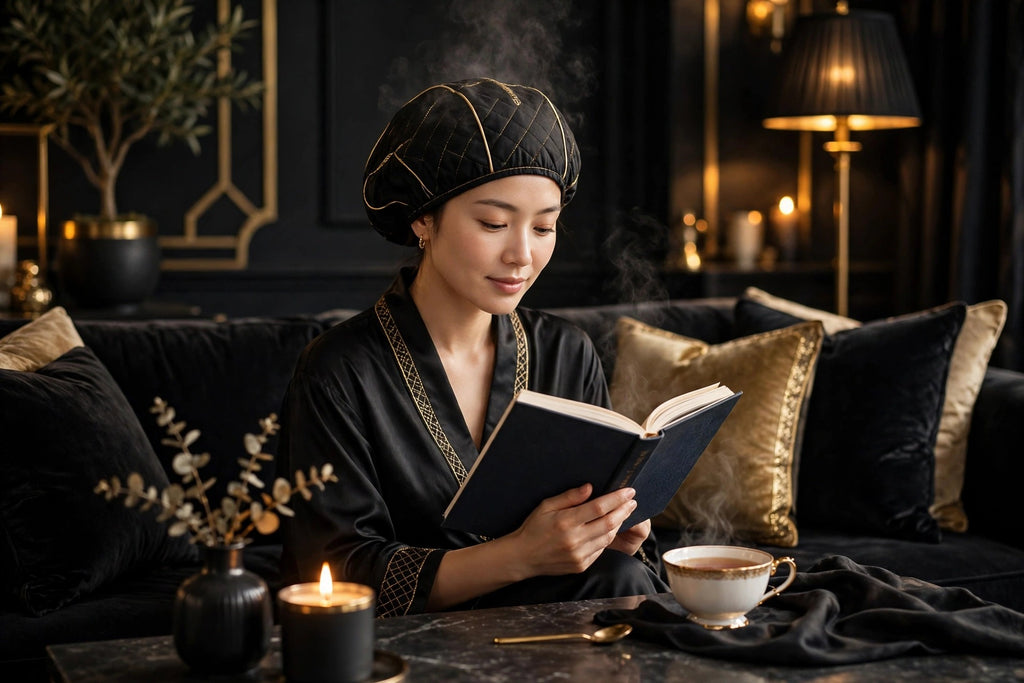 Femme relaxée à la maison avec un masque capillaire vapeur DULUXE, livre et tasse de thé, ambiance cocooning
