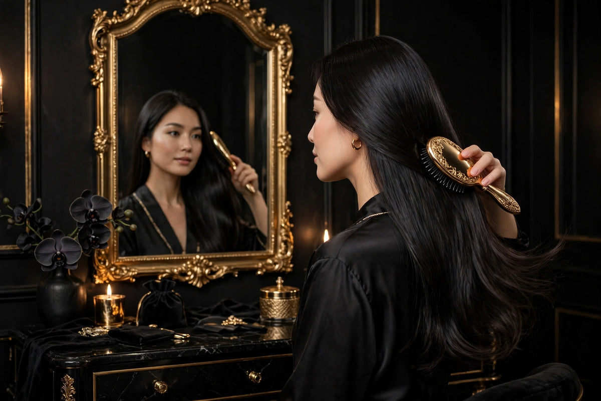Femme brossant facilement ses cheveux longs lisses et brillants devant un miroir élégant DULUXE
