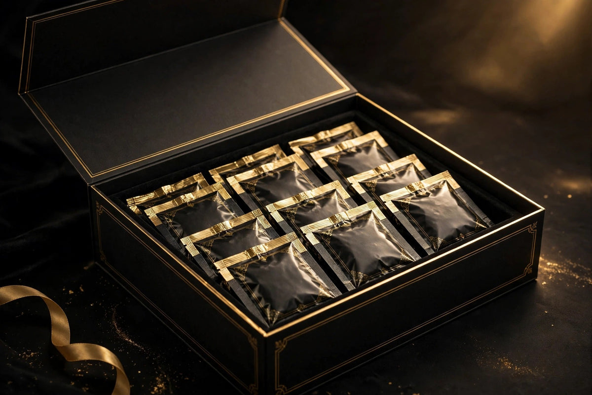 Coffret DULUXE noir et doré ouvert avec des sachets de masque capillaire, présentation cadeau premium