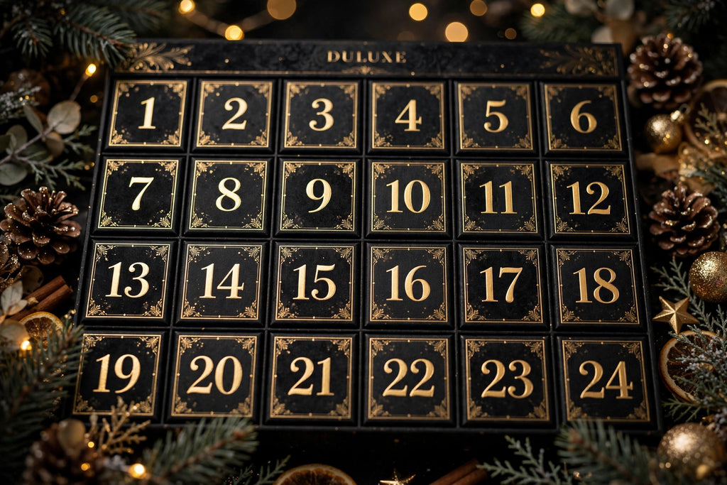 Détail des cases numérotées de 1 à 24 du Calendrier de l'Avent noir et doré