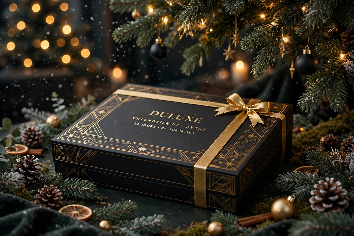Calendrier de l'Avent fermé présenté comme un coffret cadeau noir et doré