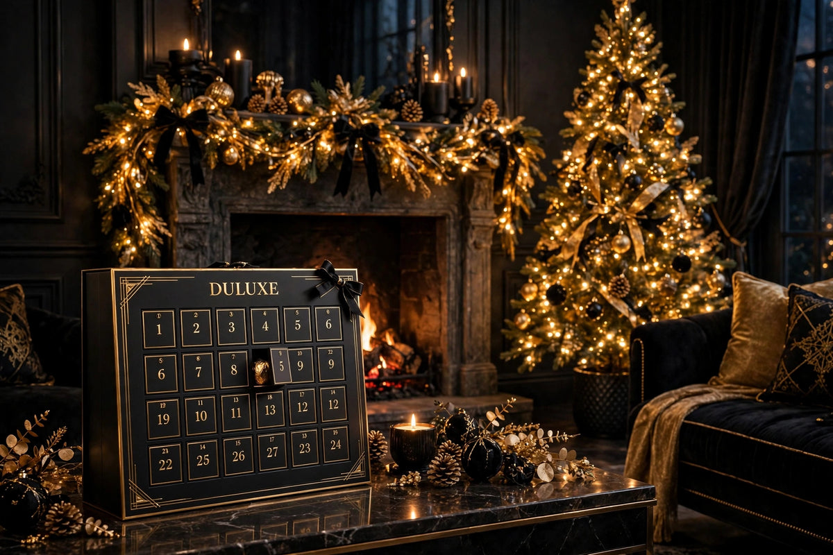 Calendrier de l'Avent dans un salon de Noël chaleureux le soir avec sapin illuminé