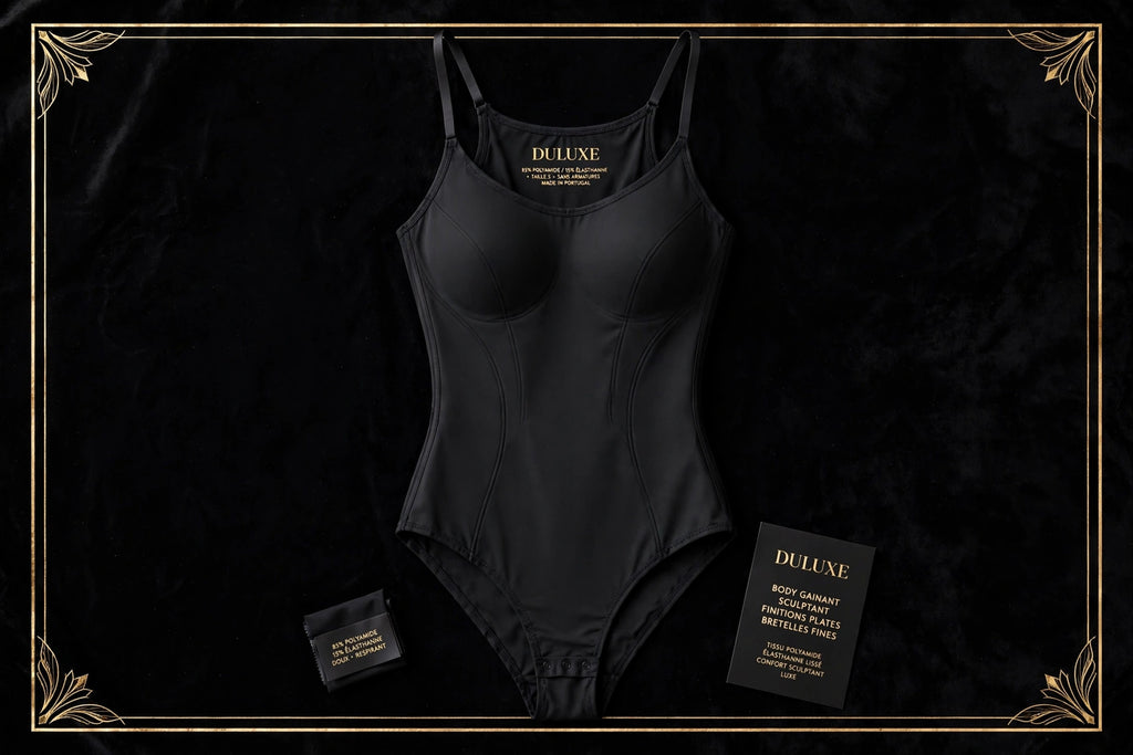 Body Gainant Sculptant DULUXE noir à plat – tissu lisse sans armatures, finitions plates