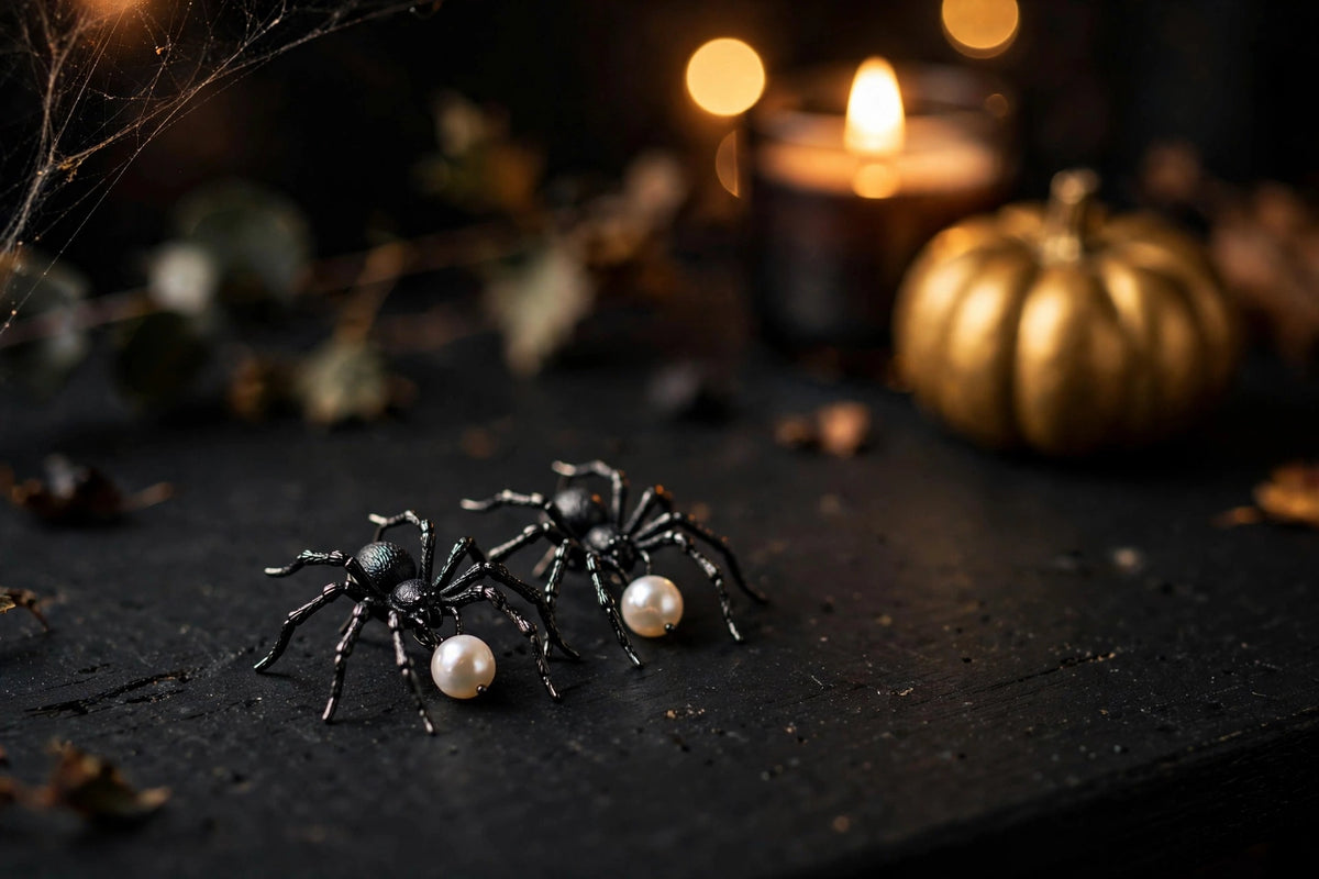 Ambiance Halloween : boucles d'oreilles araignée noire à perle, citrouille dorée et bougie