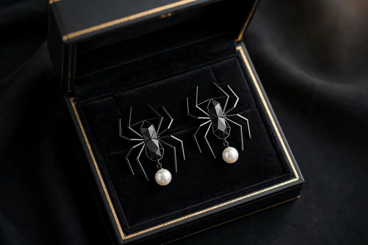 Paire de boucles d'oreilles araignée noire à perle présentée dans son écrin noir au liseré doré