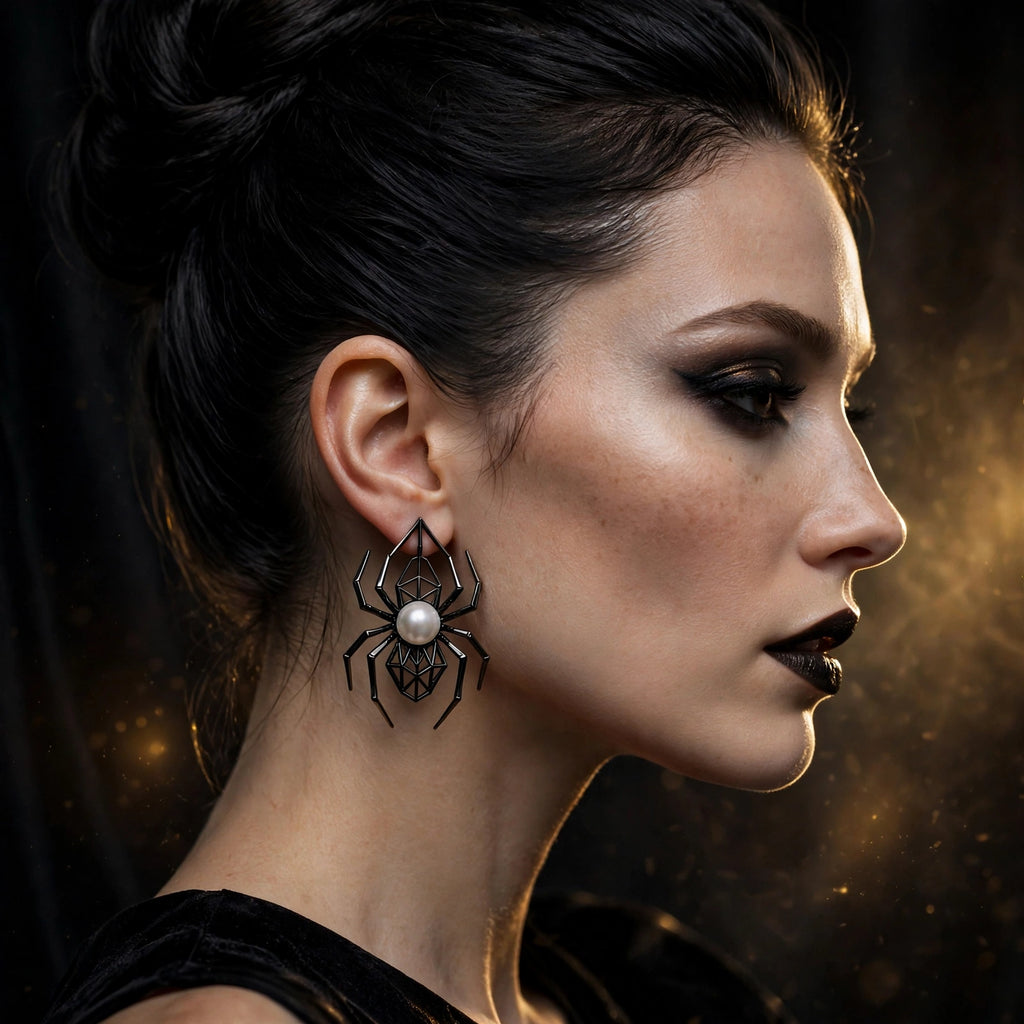 Boucles d'oreilles araignée noire à perle portées par un modèle en look Halloween élégant – DULUXE