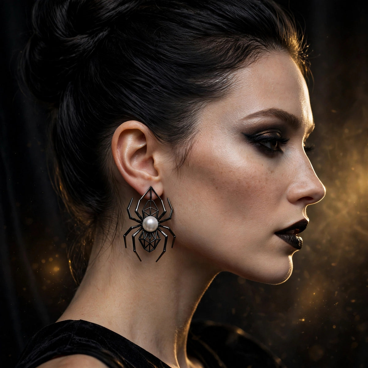 Boucles d'oreilles araignée noire à perle portées par un modèle en look Halloween élégant – DULUXE