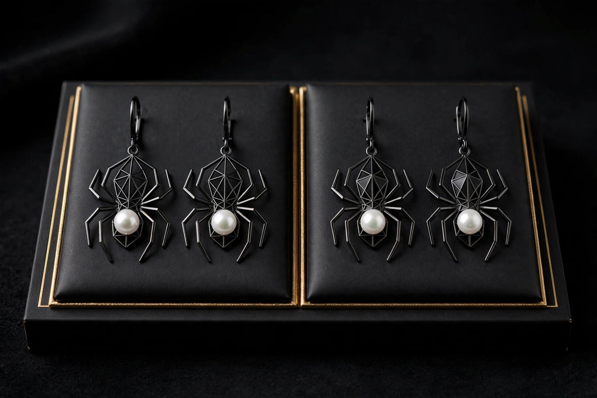 Lot de 2 paires de boucles d'oreilles araignée noire à perle sur présentoir noir et doré
