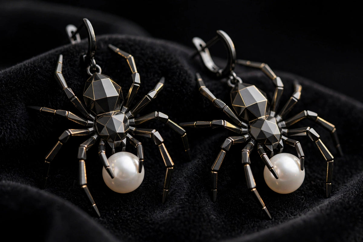 Gros plan de la paire de boucles d'oreilles araignée noire géométrique et de la perle sur velours noir