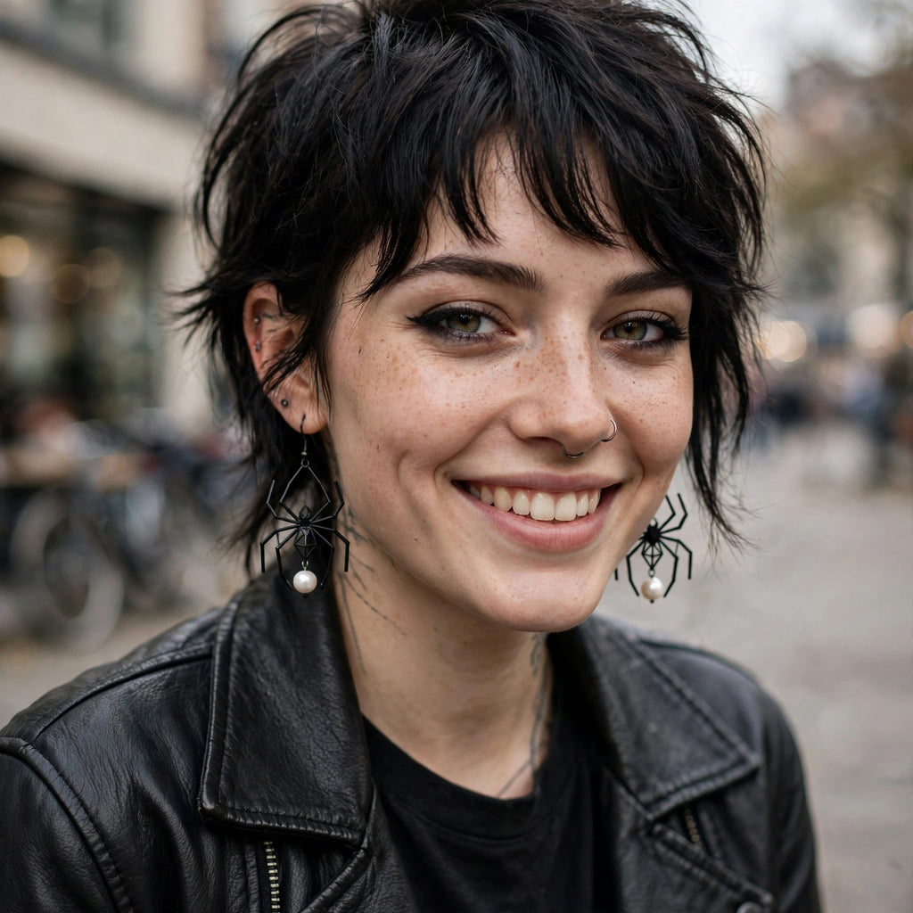 Boucles d'oreilles araignée noire à perle portées au quotidien avec un look alternatif en cuir noir