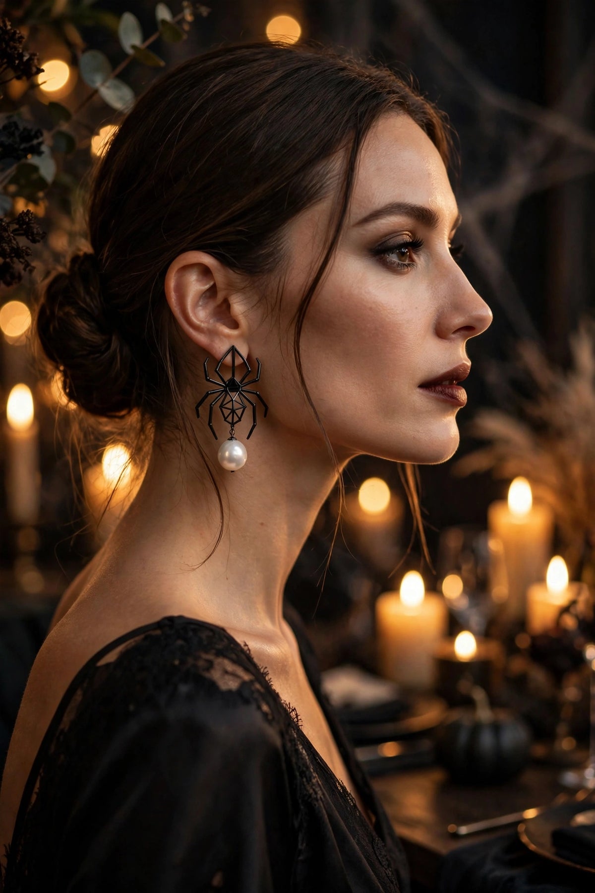 Boucles d'oreilles araignée noire portées avec une robe de soirée noire, ambiance Halloween chic