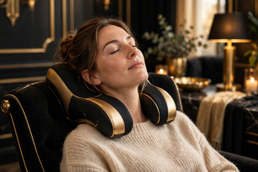 Femme détendue utilisant le Coussin de Massage Cervical DULUXE sur le cou et les épaules