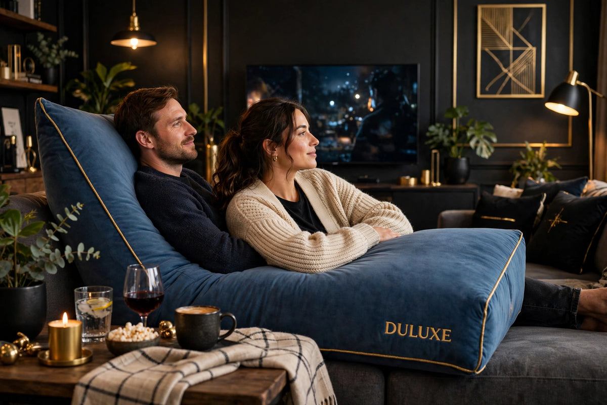 Couple détendu sur un canapé, adossé au Coussin de Position DULUXE bleu, soirée film
