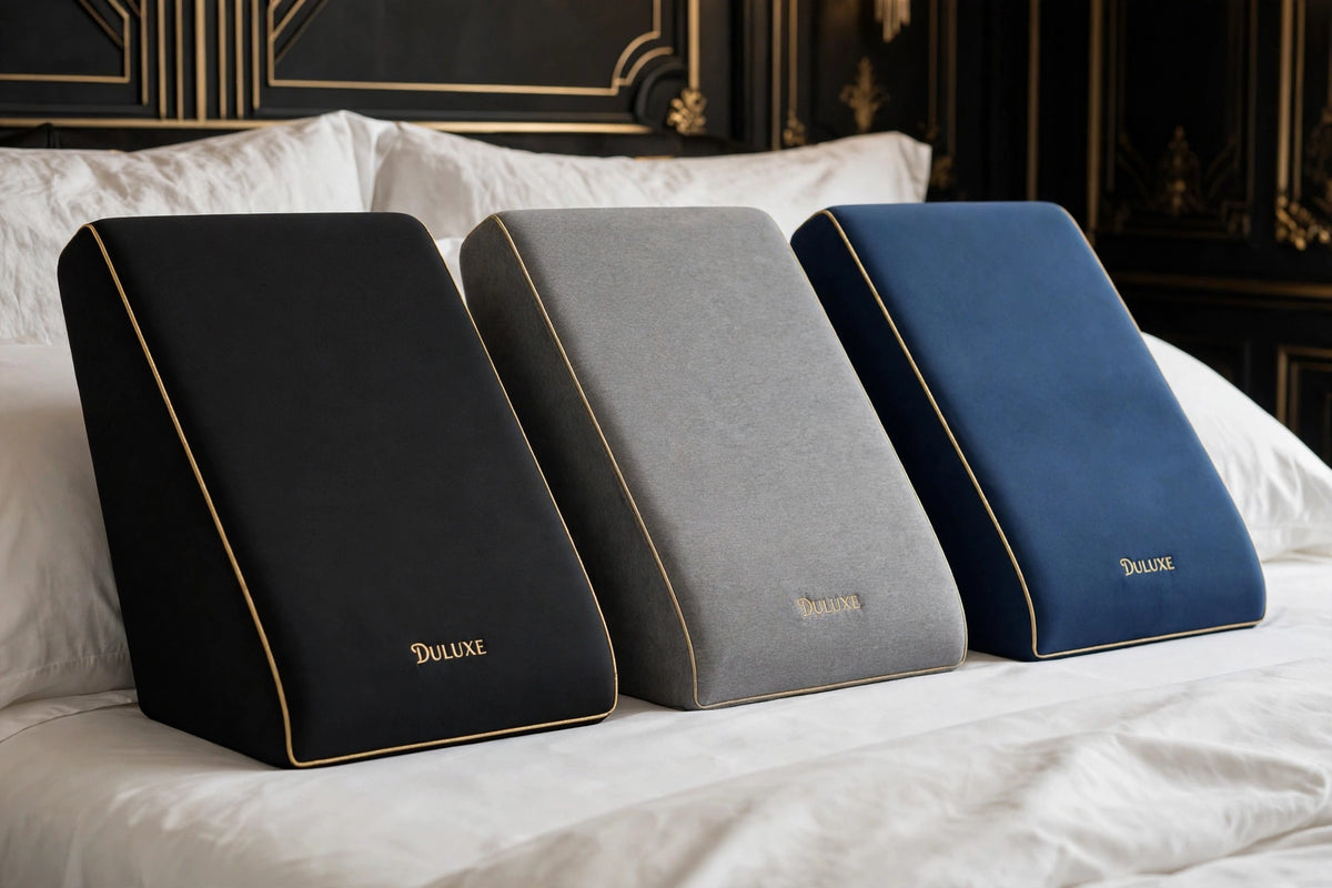 Les 3 couleurs du Coussin de Position DULUXE : Noir, Gris et Bleu, alignées sur un lit premium