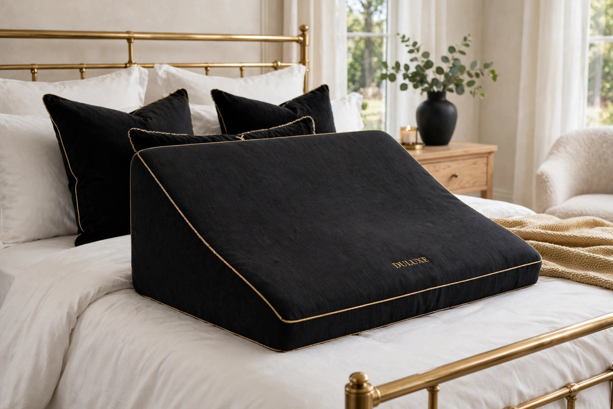 Coussin de Position Multifonction en Mousse à Mémoire DULUXE noir avec liseré doré, sur un lit premium
