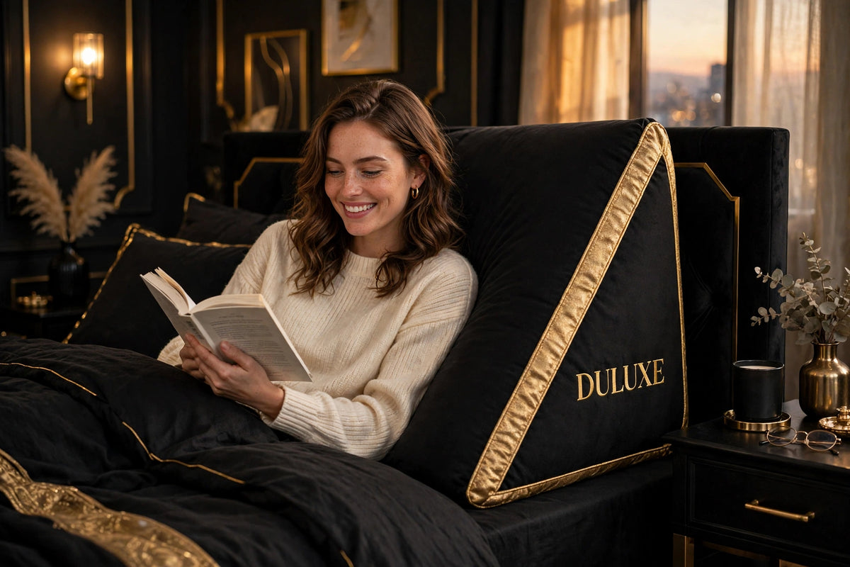 Femme adossée au Coussin de Position DULUXE en train de lire confortablement au lit