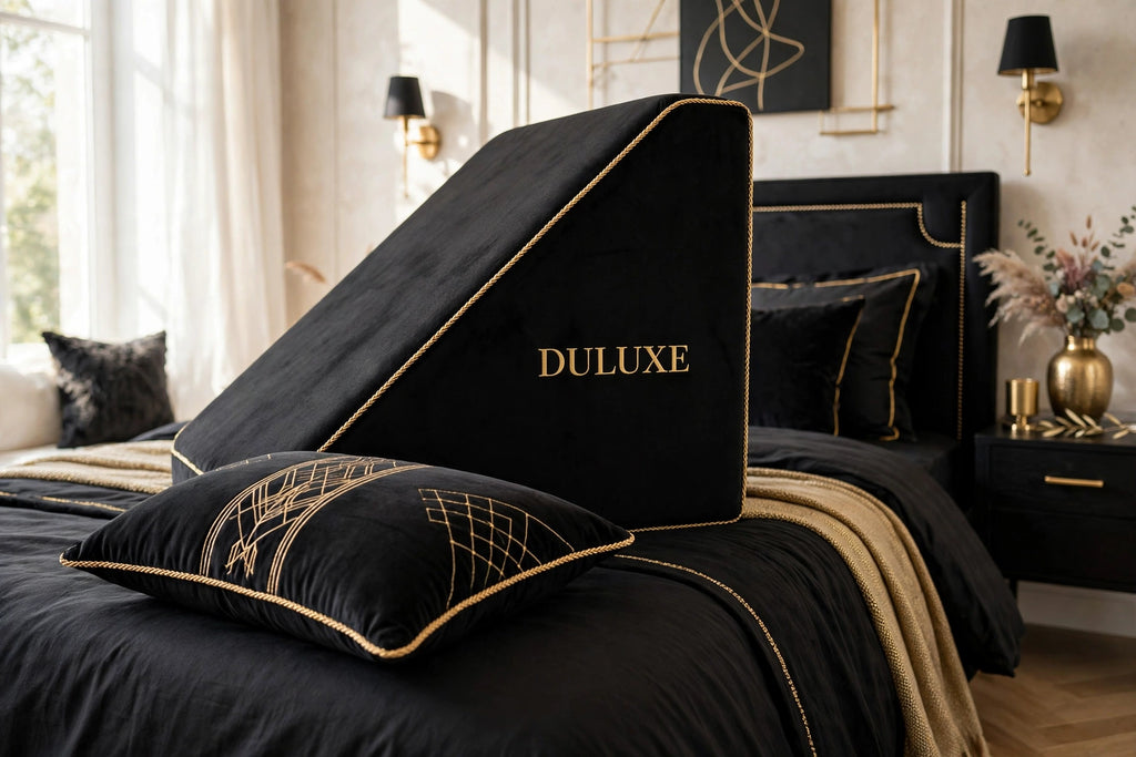 Option Avec oreiller DULUXE : le Coussin de Position noir et son oreiller assorti noir et doré