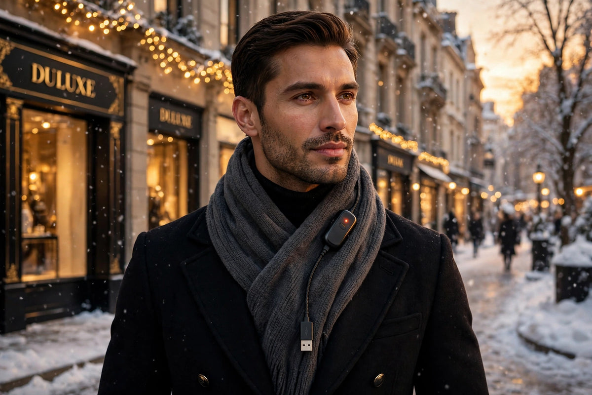 Homme élégant portant l'écharpe chauffante USB douce gris charbon avec son manteau d'hiver, modèle mixte
