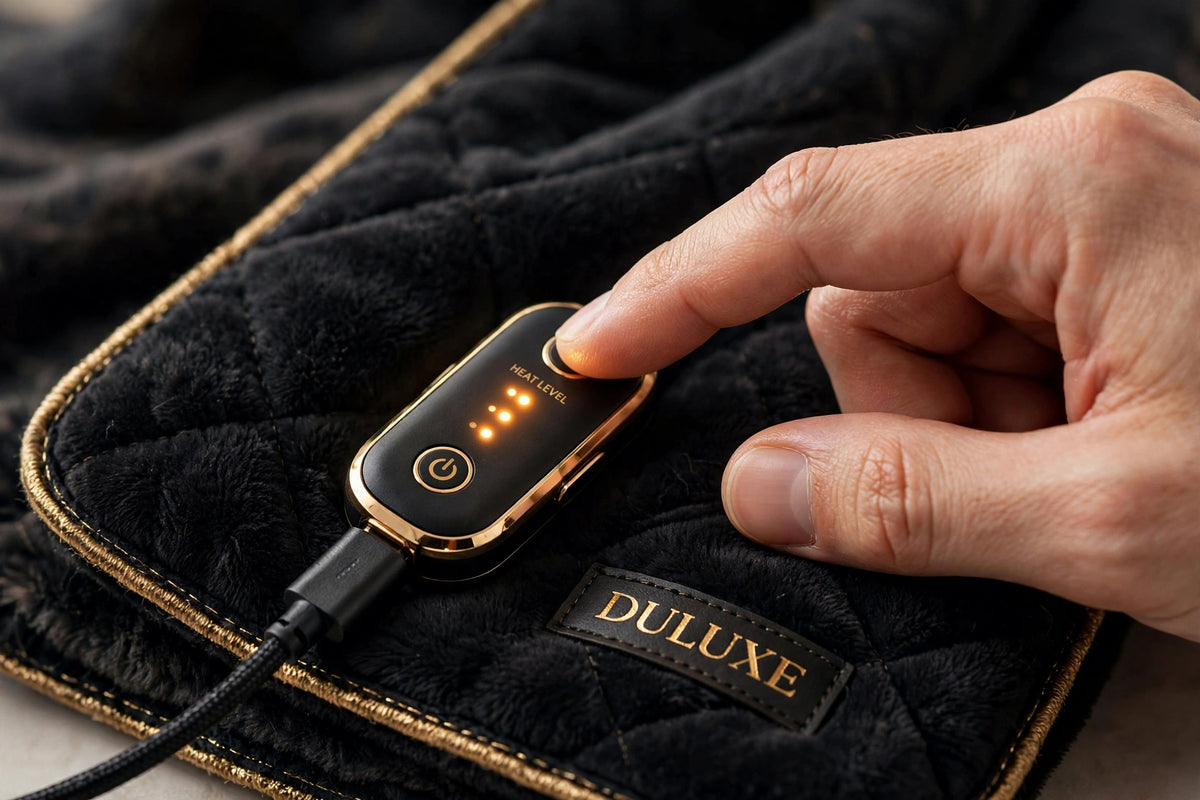 Détail du bouton lumineux de l'écharpe chauffante permettant de régler les 3 niveaux de chaleur, câble USB discret