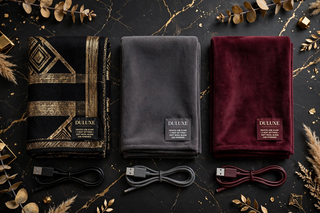 Les trois coloris de l'écharpe chauffante USB présentés côte à côte : Noir et Doré, Gris Charbon et Bordeaux