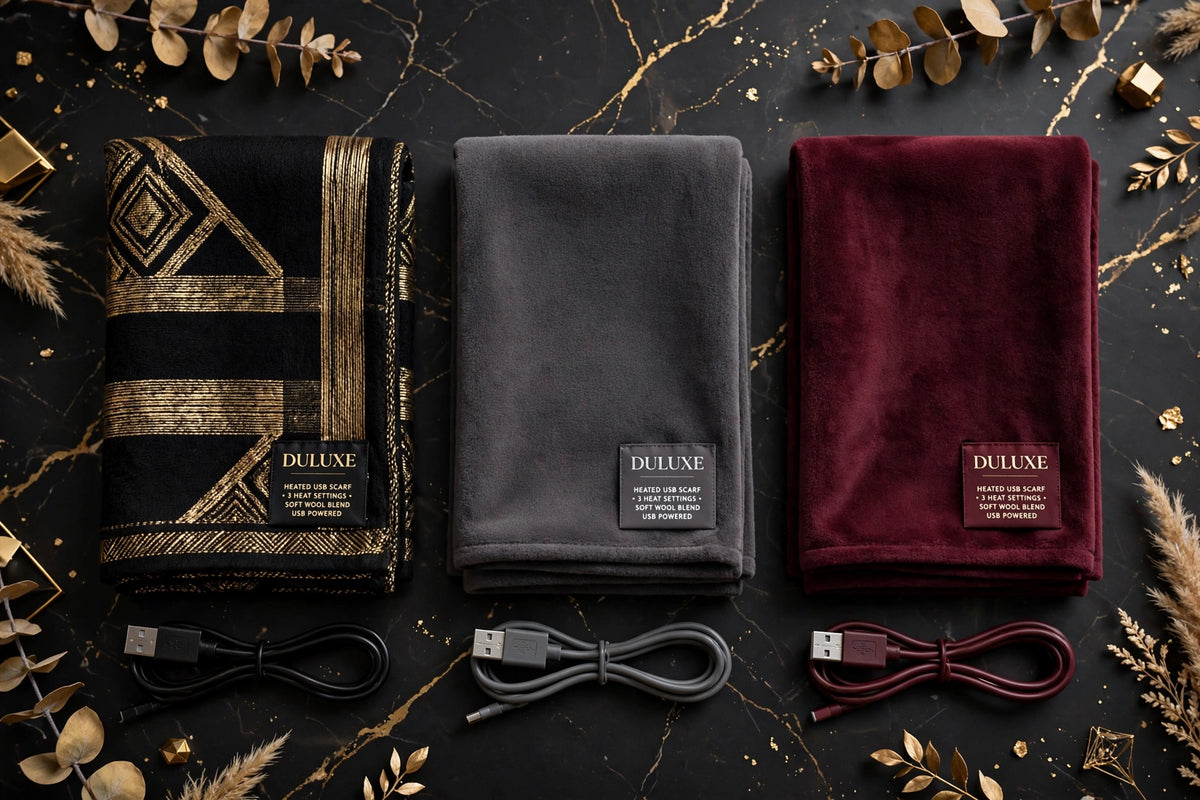 Les trois coloris de l'écharpe chauffante USB présentés côte à côte : Noir et Doré, Gris Charbon et Bordeaux