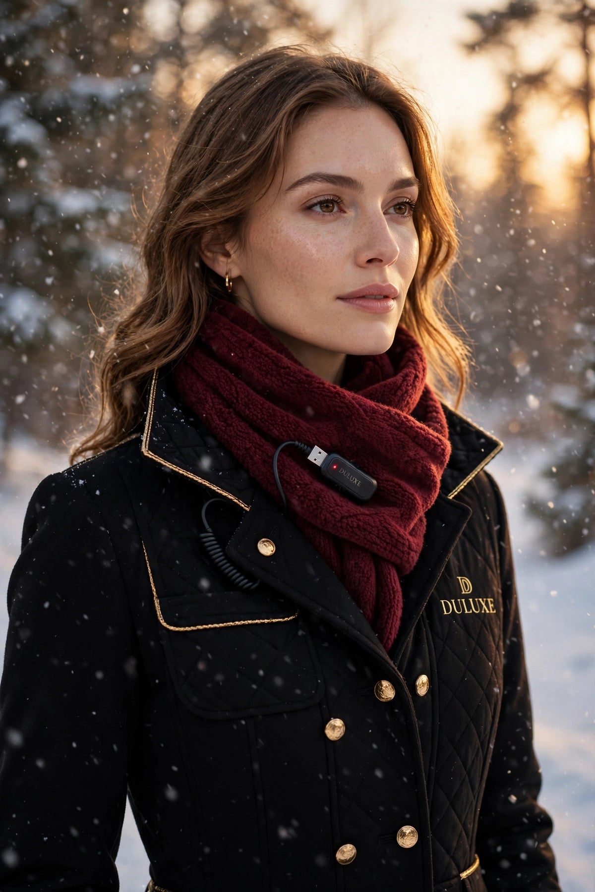Femme en manteau d'hiver portant l'écharpe chauffante bordeaux sous la neige, cou bien au chaud