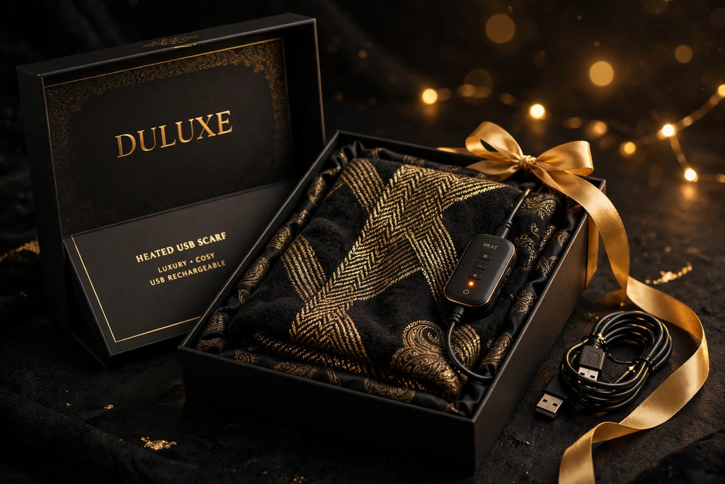 Écharpe chauffante USB présentée dans son coffret cadeau noir et doré DULUXE avec ruban doré et câble USB
