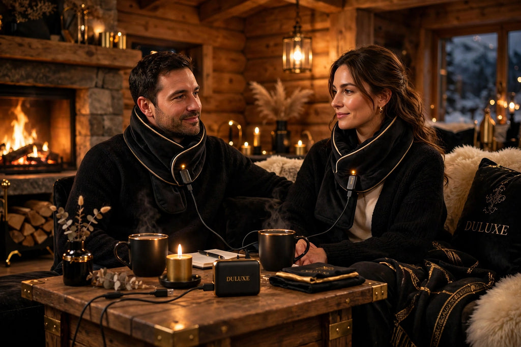 Couple au chalet près de la cheminée portant l'écharpe chauffante USB branchée à une batterie externe, ambiance cocooning