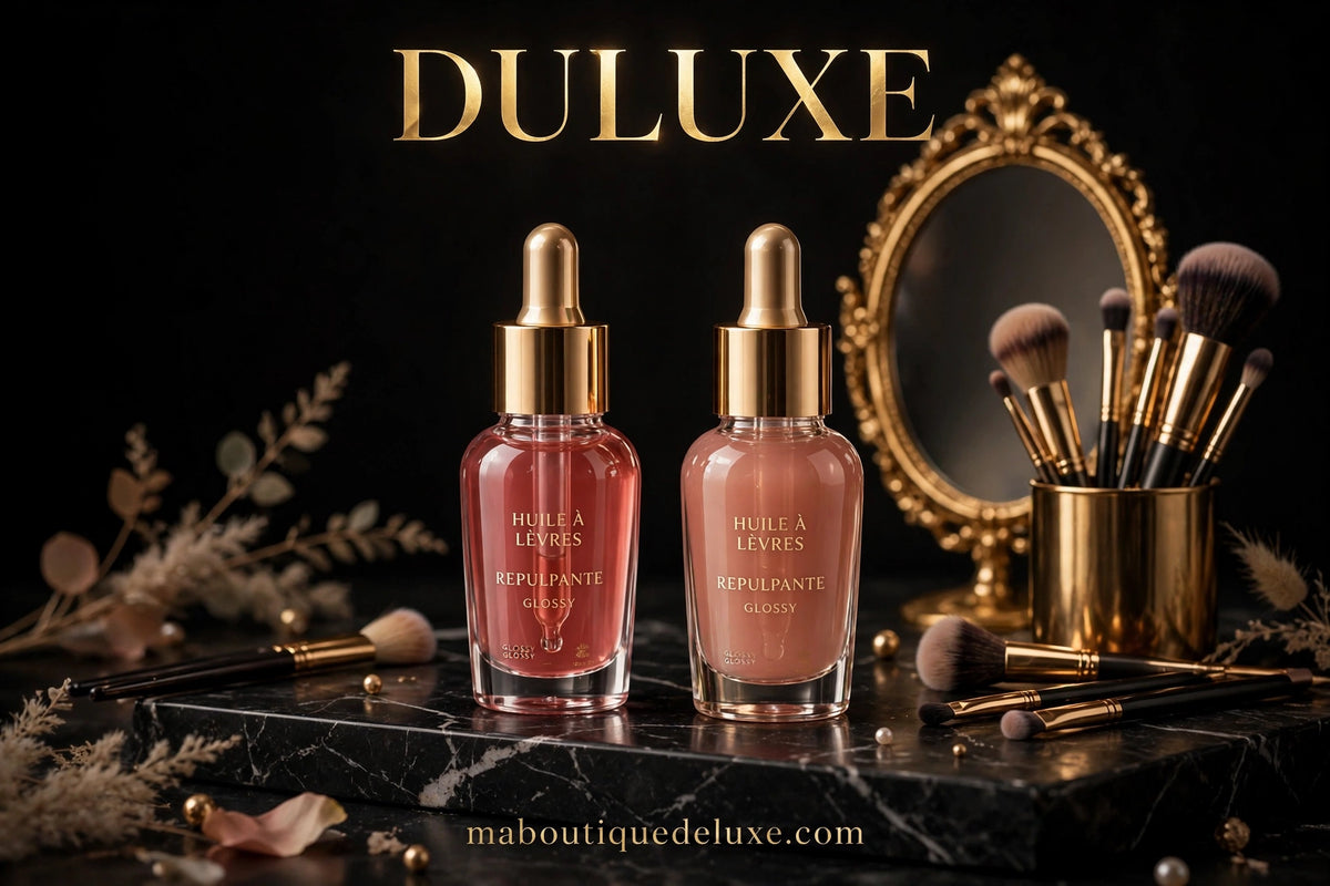 Huile à Lèvres Repulpante 2 pcs — ambiance salon de beauté, coiffeuse élégante