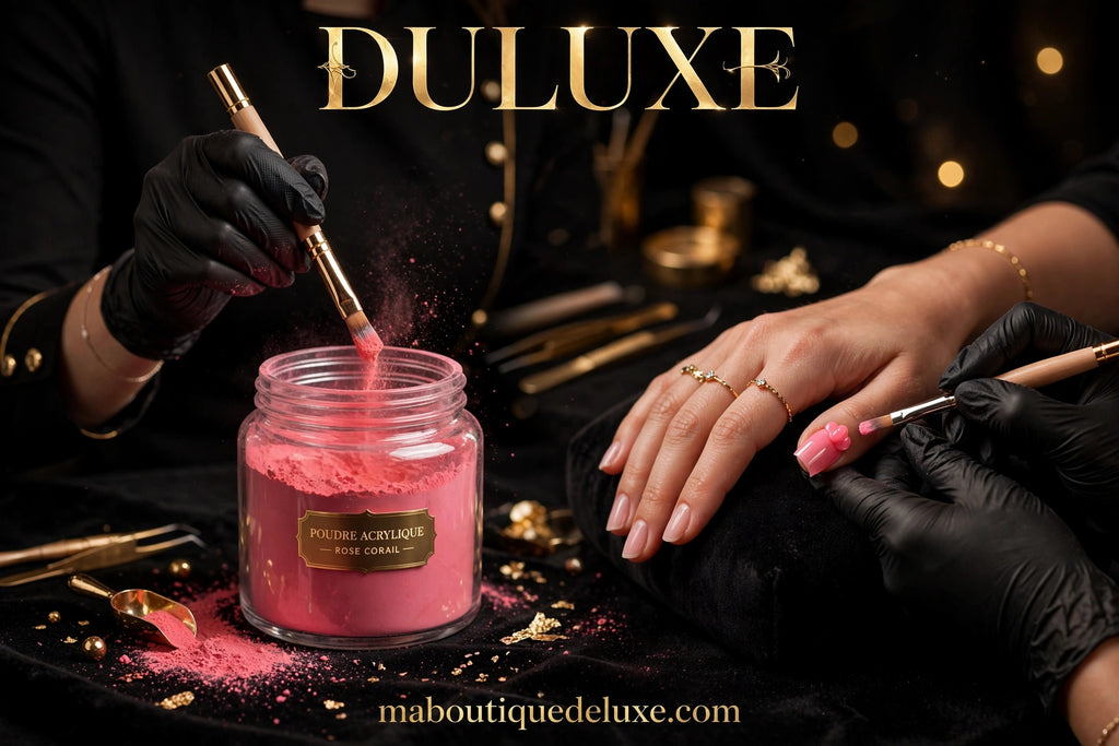 Poudre Acrylique Professionnelle 100g — en situation d'usage, pinceau trempé dans la poudre