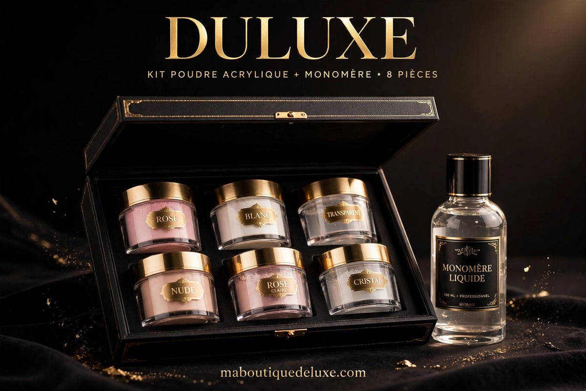 Kit Poudre Acrylique + Monomère 8 pcs — visuel héro, pots de poudre et flacon de monomère en gros plan