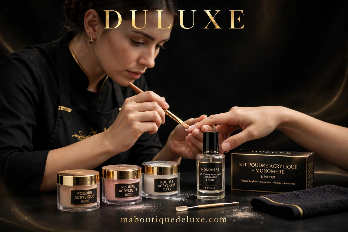 Kit Poudre Acrylique + Monomère 8 pcs — en situation d'usage, application au pinceau en salon